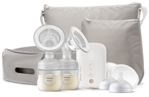 Philips Avent double electric breast pump rechargeable with motor unit, bottles, and travel bag on white background