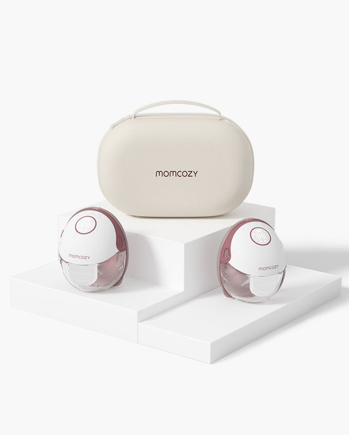 Momcozy M5 double wearable breast pump set with two pumps and hard-shell storage bag on white background