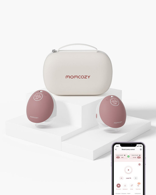 Momcozy Mobile Flow M9 smart wearable breast pump with app control on white background