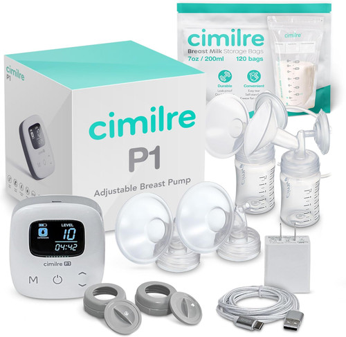 Cimilre P1 portable double electric breast pump palm-sized on white background