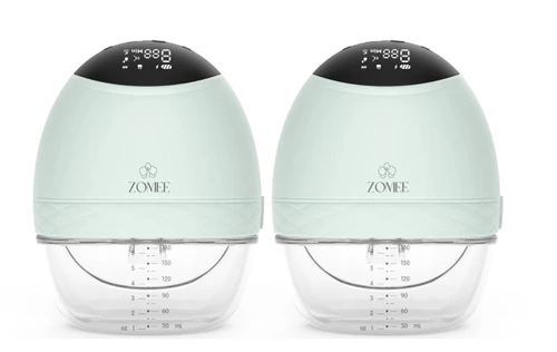 Zomee Fit wearable hands-free breast pump with complete kit on white background