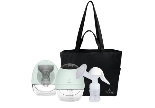 Zomee Fit hands free wearable breast pump bundle on white background