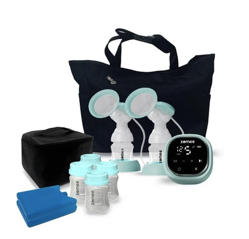 Cooler bag open with ice packs and bottles ready for milk storage
