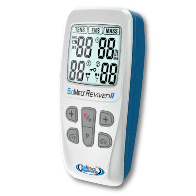 BioMed Revived II TENS EMS Massage Device with electrodes, lead wires, and carrying pouch – complete therapy system