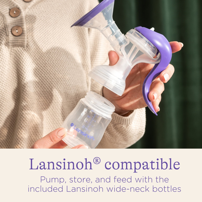 Wide-neck Lansinoh bottle with NaturalWave nipple and pump attachment showing seamless transfer
