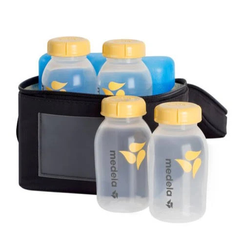 Complete pumping system including breast pump, backpack, cooler bag, bottles, and accessory starter set