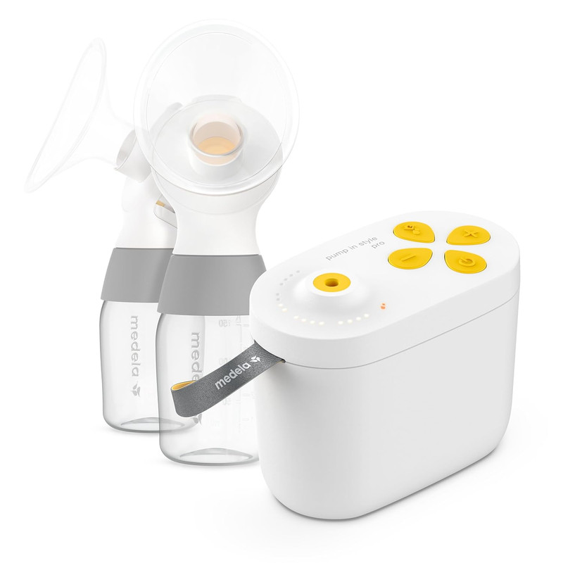 Medela Pump In Style Pro 2nd Gen breast pump with PersonalFit Plus shields and bottles on white background