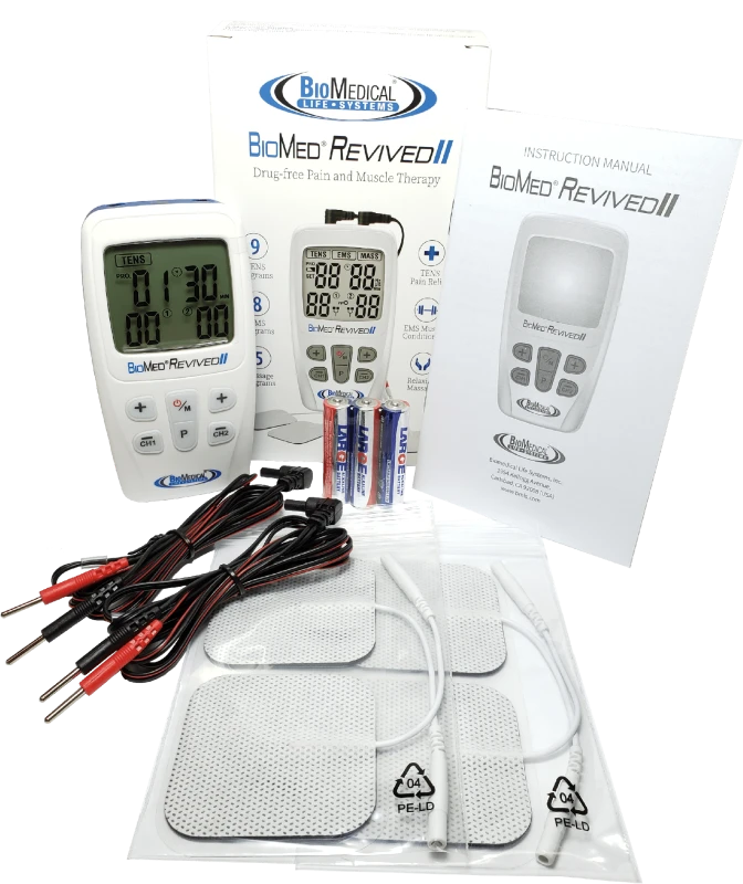 Close-up of BioMed Revived II control panel – 9 TENS, 8 EMS, and 5 massage program selection