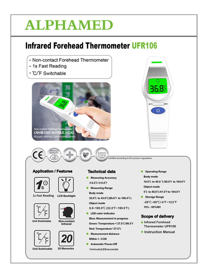 Alphamed Infrared Non Contact NO TOUCH Forehead Thermometer