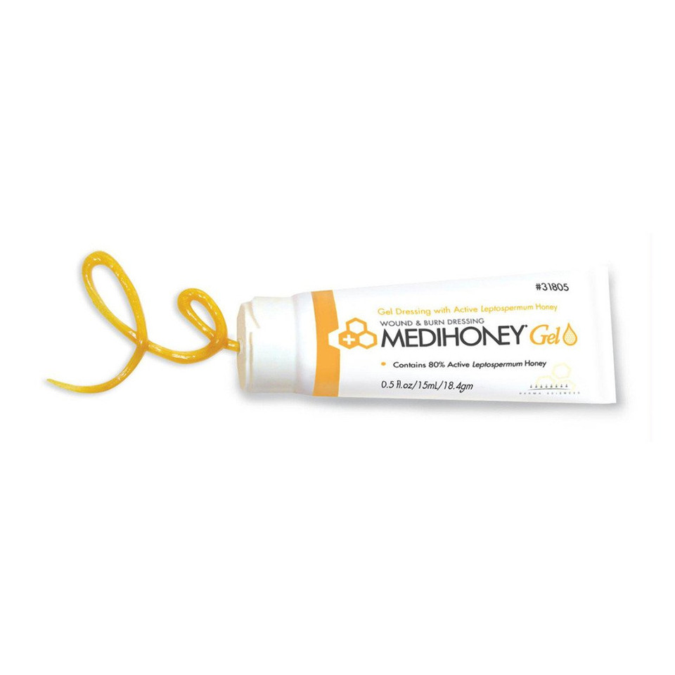 A 1.5 oz tube of Medihoney Gel, shown standing upright. The tube is white with a yellow cap and features the Medihoney logo, which includes a honeycomb design. The product is labeled as medical-grade honey gel used for wound care, indicating it is intended for topical application to help promote healing. The packaging includes detailed product information and instructions for use
