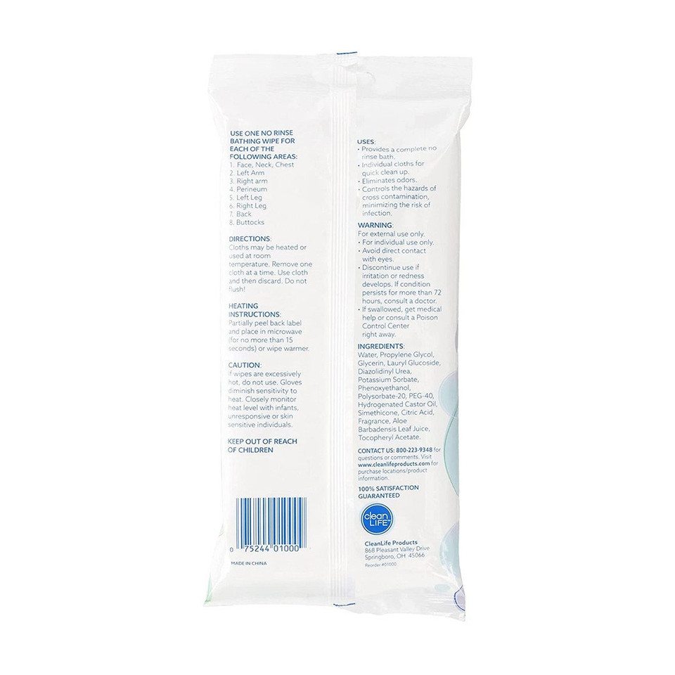 CleanLife No-Rinse Bathing Wipes 8"x8" Pack of 8