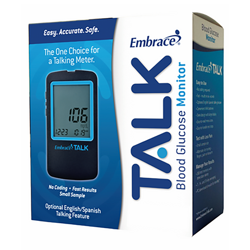 Embrace Blood Glucose Meter & Test Strips Bundle - 200 Test Strips, Talking Monitor