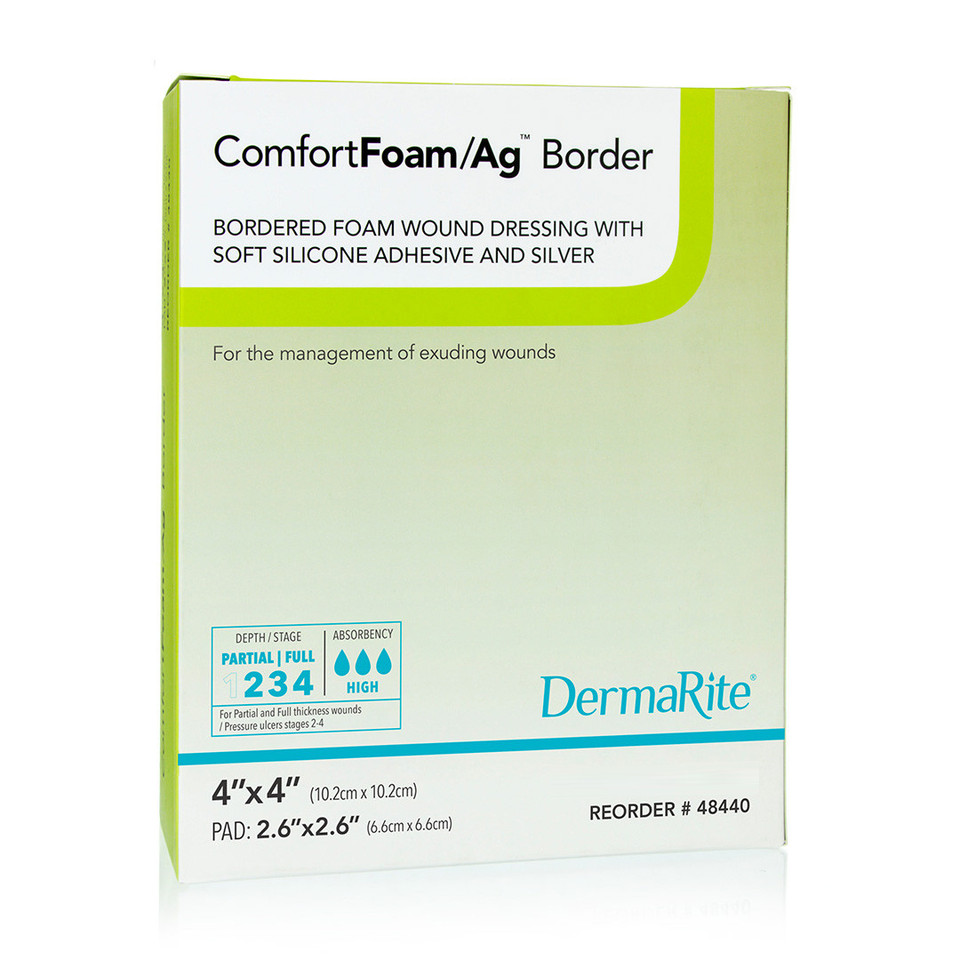 Comfortfoam Bordered Foam Wound Dressing With Silver And Soft Silicone Adhesive, 4" X 4" [ 10 Pack ]