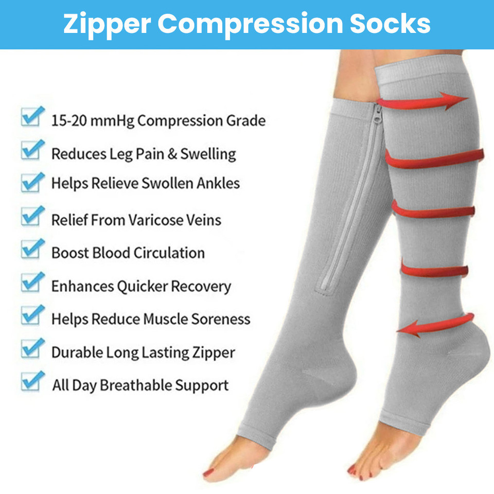 Overt Compression Zipper Socks - Knee High Zip, Open Toe & Solid Color Socks for Leg Support & Pain Relief - Gray