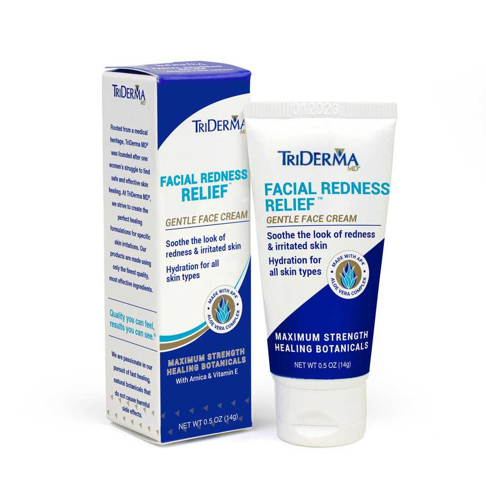 Close-up of TriDerma gentle face cream texture – lightweight hydration with arnica and allantoin for even skin tone