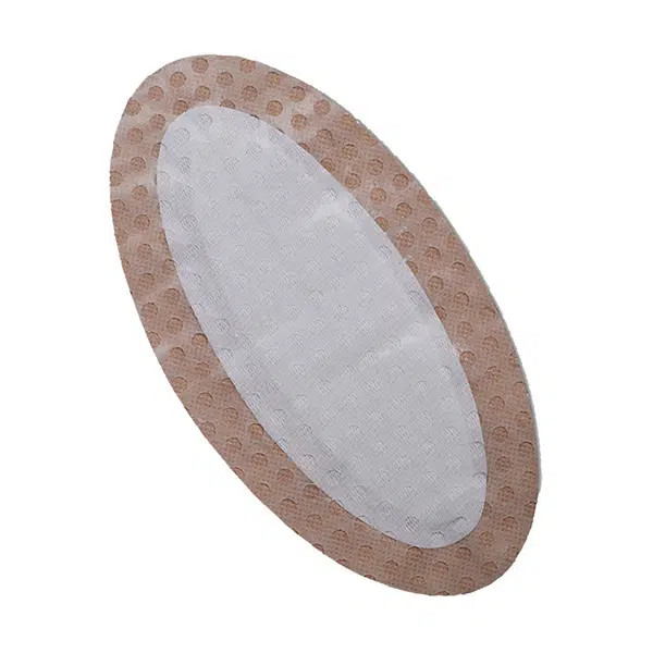 Super absorbent dressing applied over moderate to heavily exuding wound on leg or torso