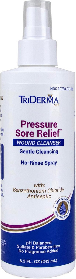TriDerma Pressure Sore Relief Wound Cleanser 8.2 oz spray bottle – no-rinse antibacterial spray for bedsores, ulcers and minor wounds