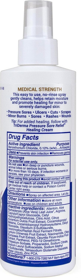 Applying TriDerma wound cleanser spray to pressure sore – gentle no-rinse formula with AP4 Aloe and Niacinamide
