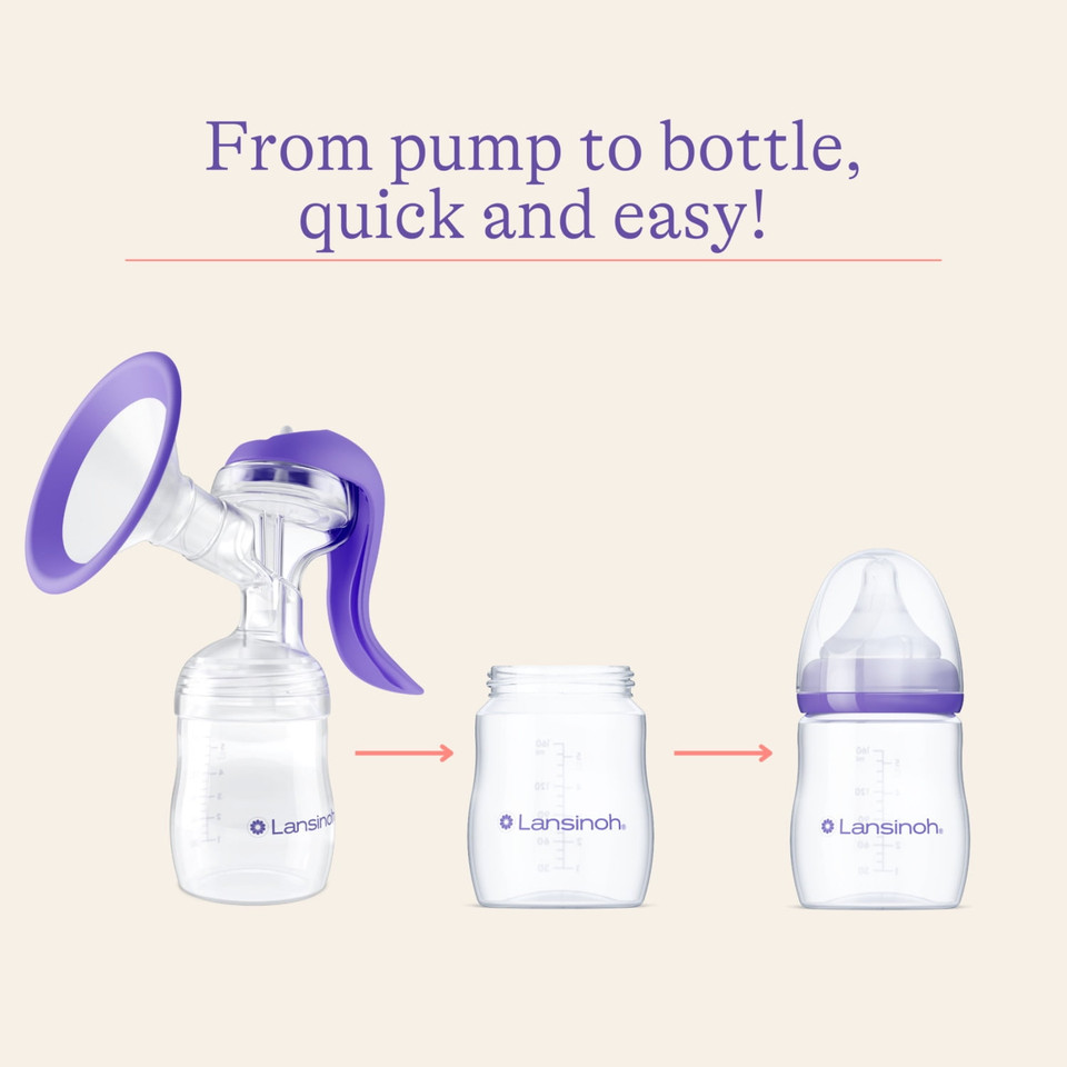 Lansinoh pump-store-feed system with bottle, nipple, and cap ready for feeding