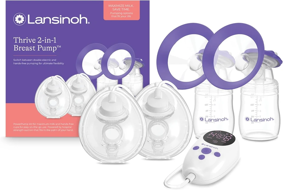 Lansinoh Thrive 2-in-1 breast pump kit complete with pump, two flange sizes, bottles, and NaturalWave nipple