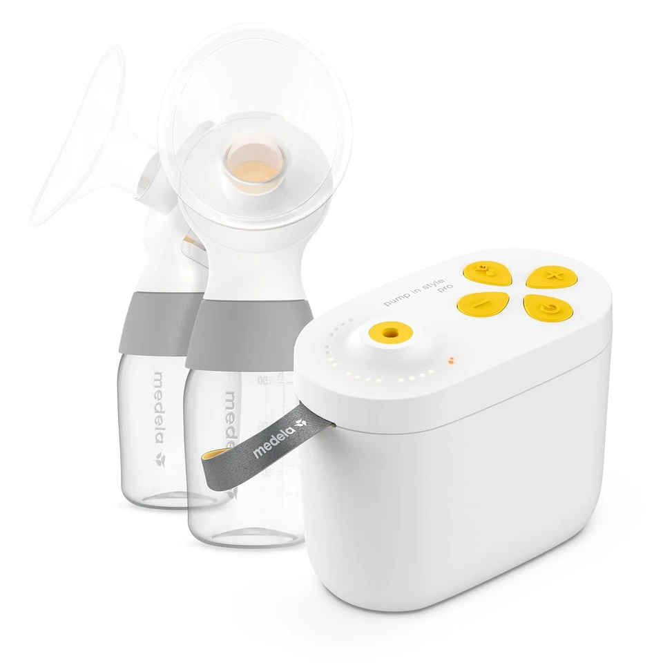 Medela Pump In Style Pro 2nd Gen breast pump with PersonalFit Plus shields and bottles on white background