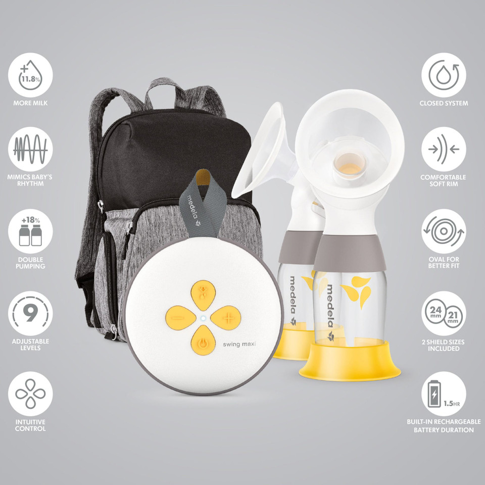 Mother using Medela Swing Maxi as double pump with rechargeable battery for cord-free pumping at home