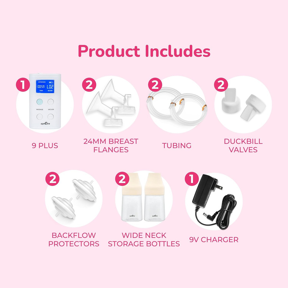 Complete hands-free pumping system including Spectra 9 Plus pump, CaraCups, and flange sizes