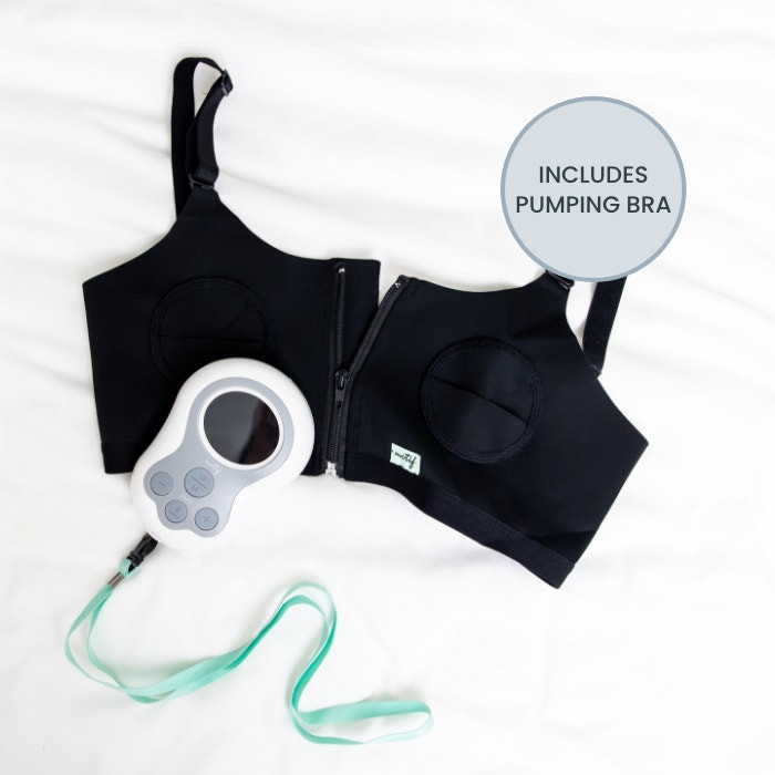 Motif Duo pump with lanyard worn around neck for easy portability and on-the-go pumping