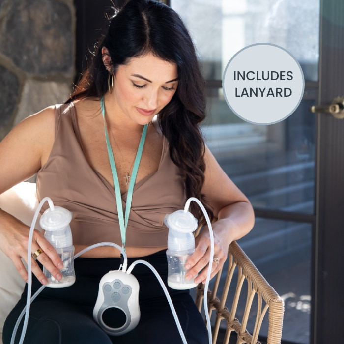 Full Motif Duo bundle contents including pump unit, pumping bra, three shield sizes, bottles, tubing, lanyard, and power adapter