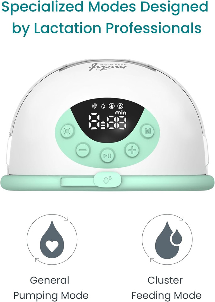 Mother using Motif Aura Glow wearable pump discreetly inside bra while working on laptop at home
