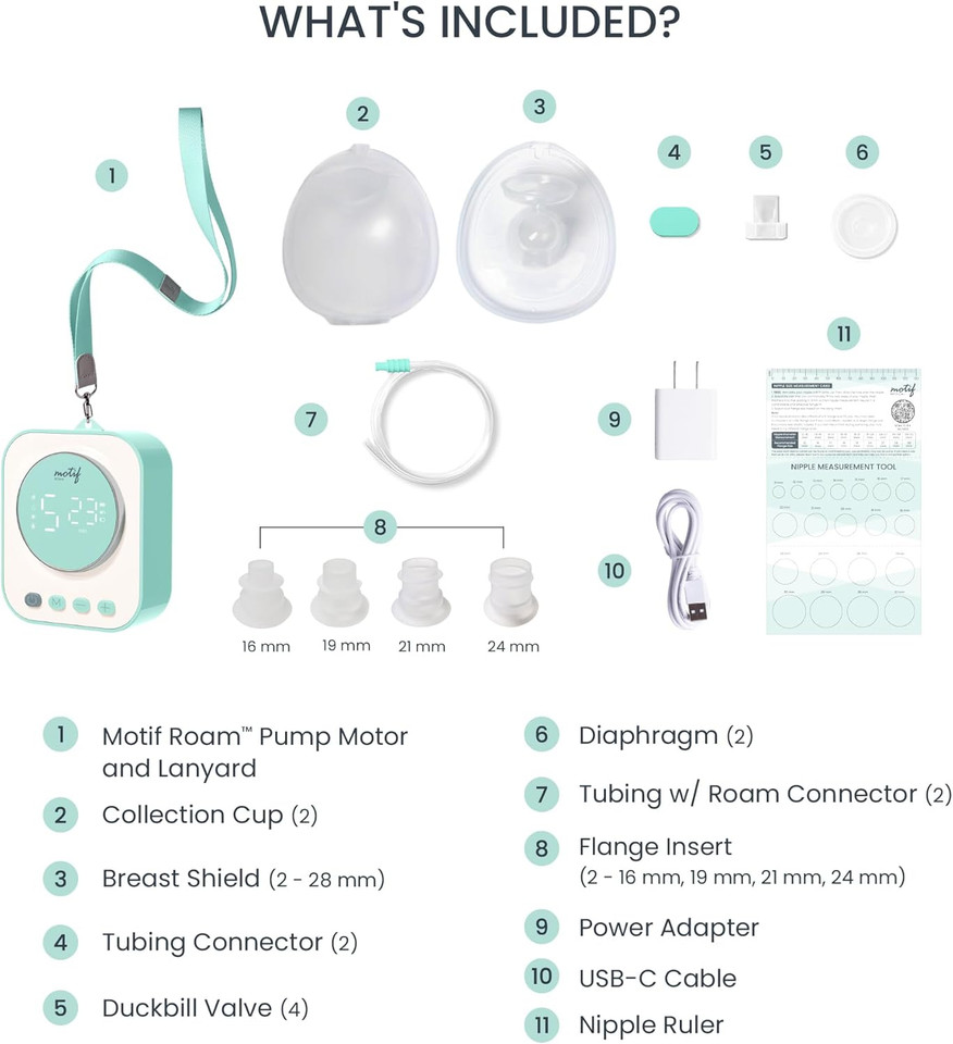 Complete Motif Roam kit including pump motor, collection cups, tubing, flange inserts, lanyard, USB-C cable, and power adapter