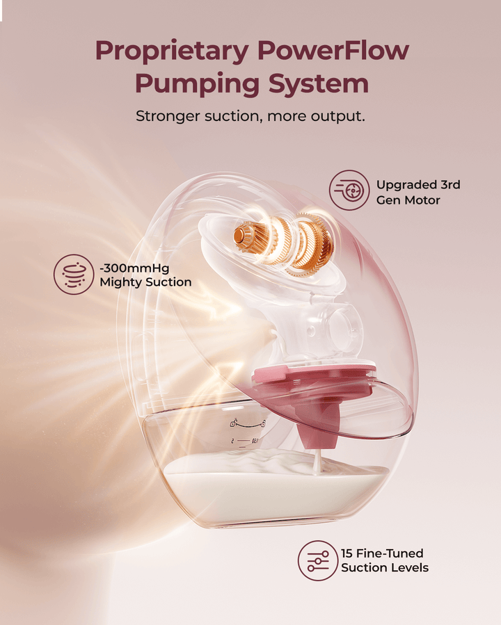 Momcozy app on smartphone showing pumping settings adjustment and milk volume tracking