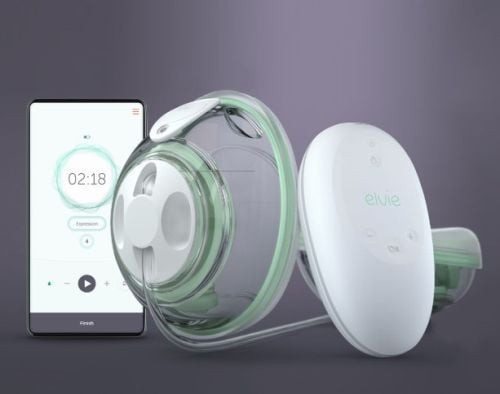 Elvie app on smartphone showing live milk monitoring and pumping history