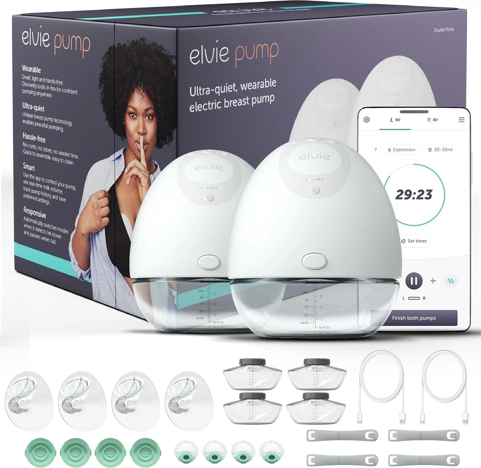Elvie double electric breast pump smallest and quietest wearable on white background