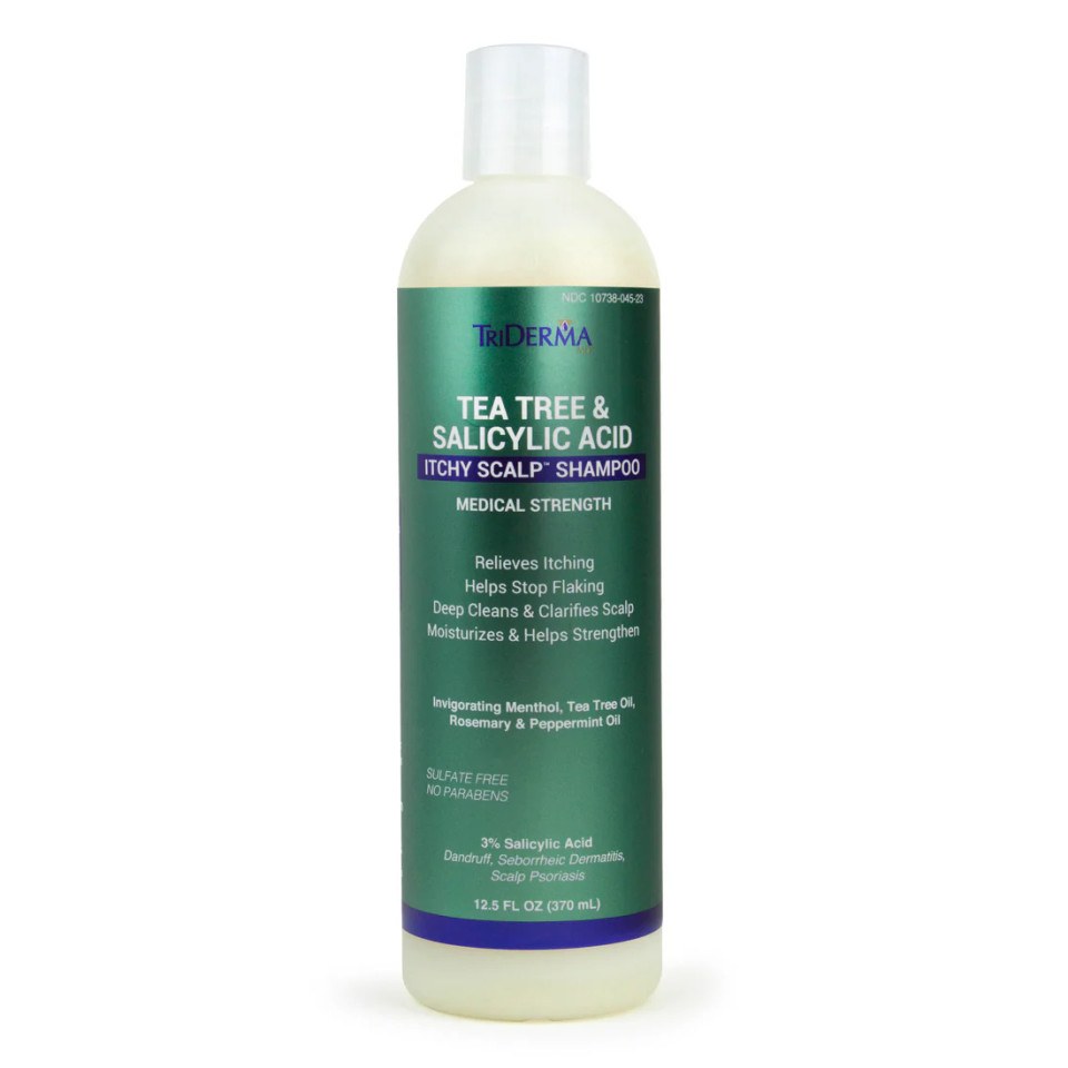 TriDerma Tea Tree Itchy Scalp Shampoo bottle – gentle formula with tea tree oil, aloe vera and peppermint for dandruff relief