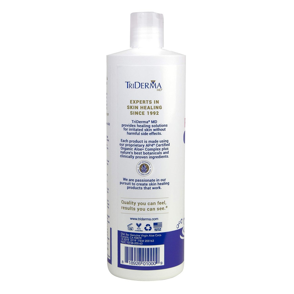 Close-up of TriDerma body wash ingredients – features AP4 Aloe Vera Complex and Vitamin E for healing and hydration
