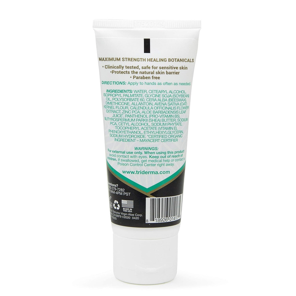 TriDerma hand cream being squeezed onto palm – rich, lightweight formula absorbs quickly without greasy residue