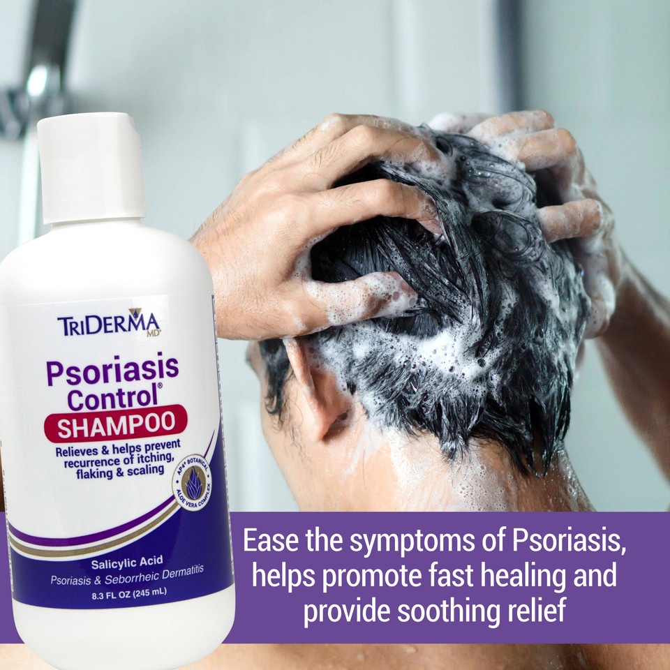 TriDerma Psoriasis Control Shampoo bottle front view – no coal tar, no steroids, with AP4 Aloe Vera Complex
