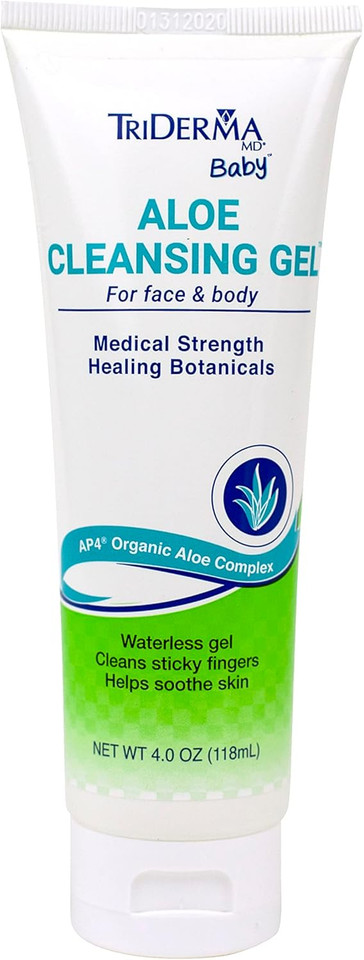 TriDerma Baby Aloe Cleansing Gel 4 oz bottle front view – perfect travel size for diaper bags