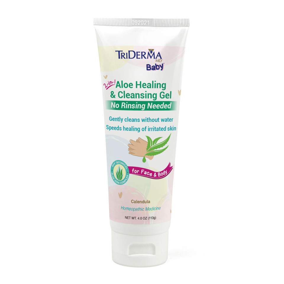 TriDerma Baby Aloe Cleansing Gel 4 oz and 8 oz bottles – gentle soap-free face and body wash for sensitive baby skin