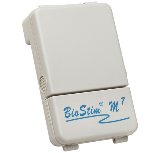BioStim M7 digital TENS unit front view – flip-top design with 7 programmable modes and Strength Duration technology