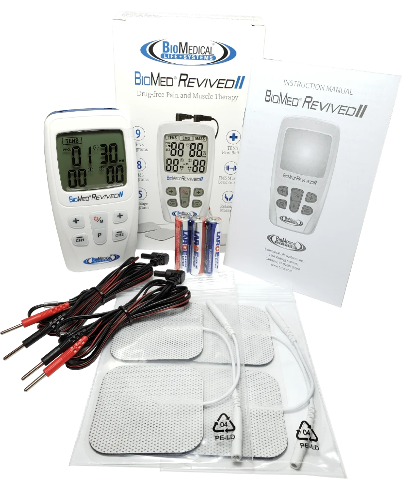 Close-up of BioMed Revived II control panel – 9 TENS, 8 EMS, and 5 massage program selection