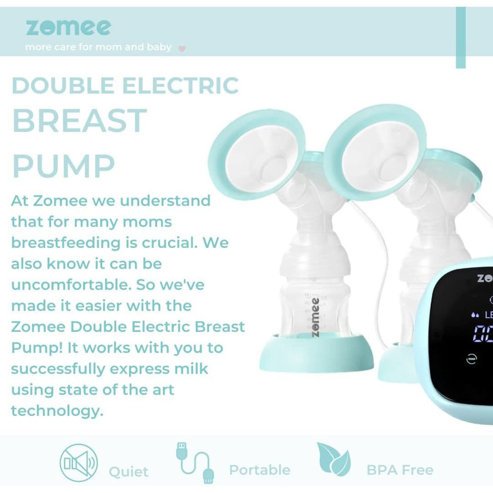 Zomee Z1 pump front view – double electric pump with 5 massage modes and 9 expression levels