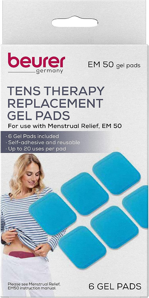 Beurer EM50RP 6-pack replacement electrode pads laid out on a clean surface.