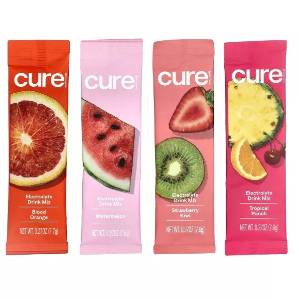 Pouch of Cure plant-based hydration powder with 28 single-serving packets