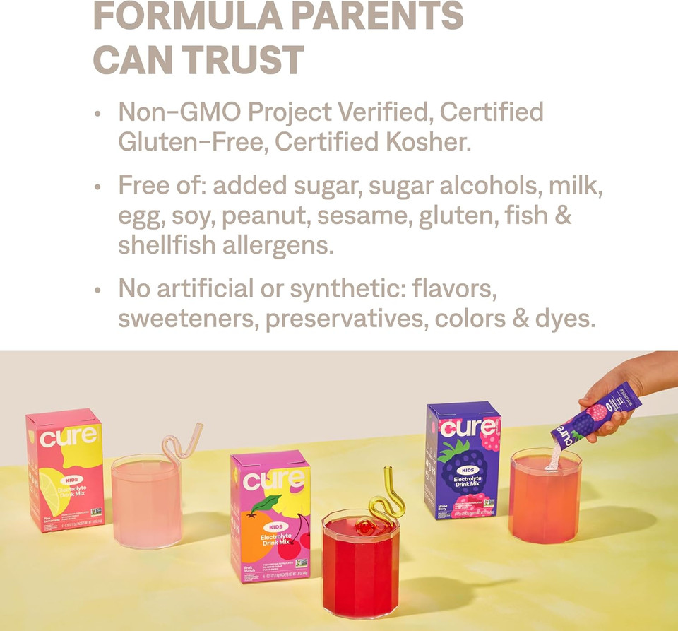 Pouch of Cure Kids plant-based hydration powder with 14 single-serving packets