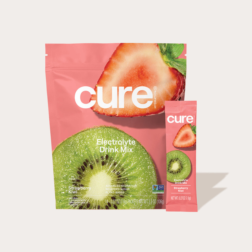 Cure hydrating electrolyte drink mix in Strawberry Kiwi flavor
