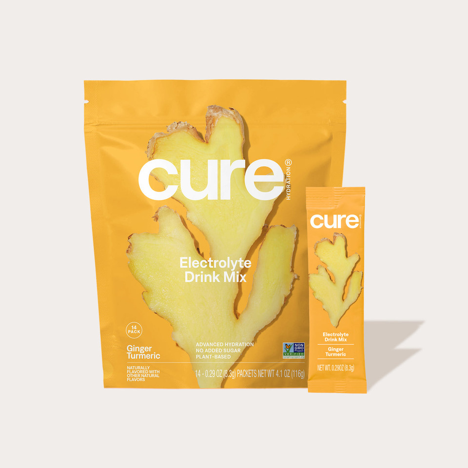 Cure hydrating electrolyte drink mix in Ginger Turmeric flavor