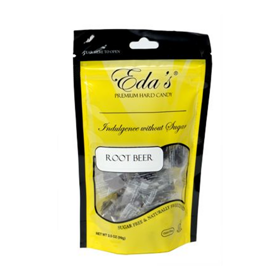 Eda's sugar-free root beer hard candy in a clear bag