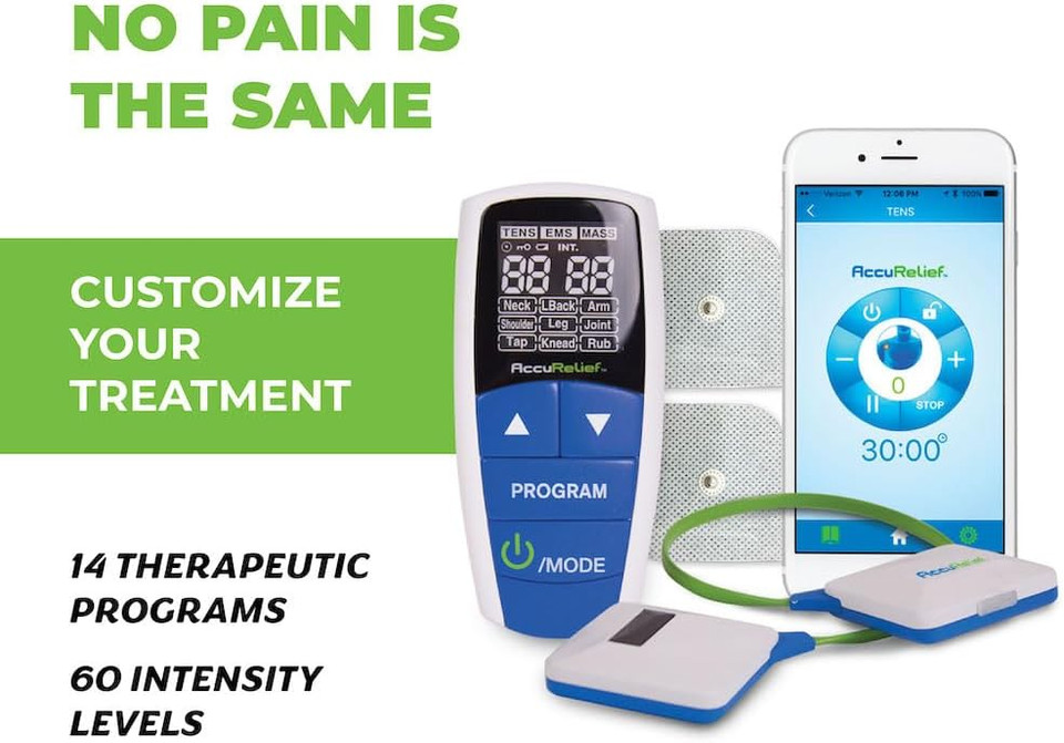 AccuRelief wireless pain relief device with 14 preset programs – customizable for TENS, EMS, and massage